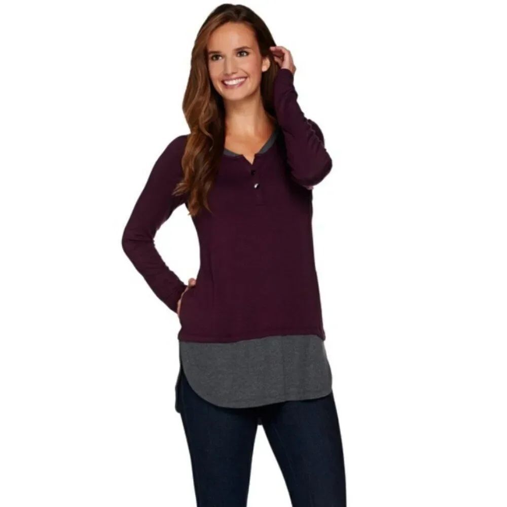 New LOGO by Lori Goldstein Henley Knit Top with Shirttail Hem | Size XXS